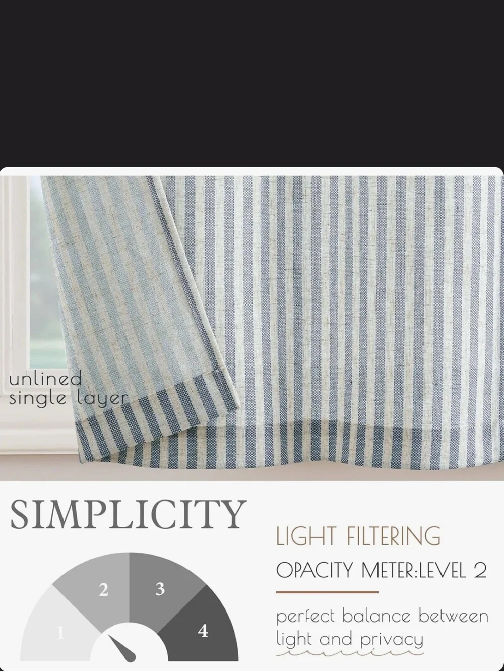 NWT Linen Blend Curtains 36” Beige Blue Stripe Rod Pocket Window Treatment